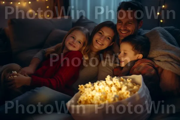 משפחה מתרפקת על הספה, צופה יחד בסרט האהוב עליהן. פופקורן, פָּעוֹט, כֵּיף