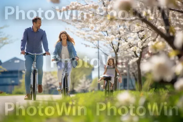 הורים גאים צופים בילדם רוכב רכיבת אופניים ראשונה. צמח, אנשים בטבע, עֵץ