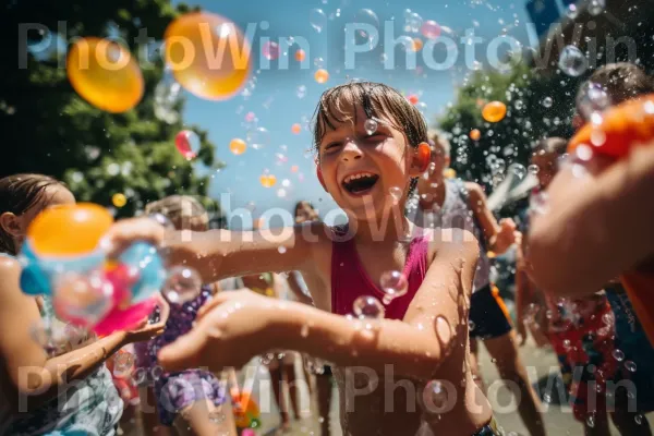 קרב מים שובב ביום קיץ חם עם צווחות עונג. שָׁמַיִם, מחווה, אוֹר שֶׁמֶשׁ