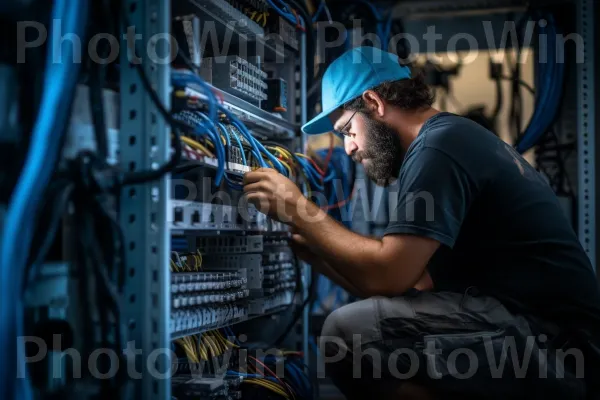 חשמלאי ישראלי המתקן בשקידה מערכות חיווט מורכבות. בגדי עבודה, חַשְׁמַל, קבלן חשמל