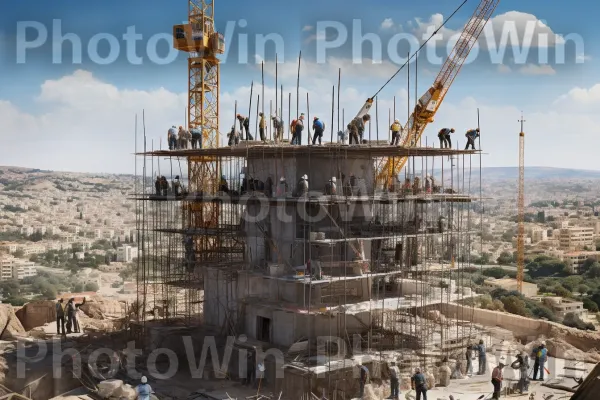 צוות פועלי בניין בונה גורד שחקים חדש בירושלים. מנוף, חומר מרוכב, עִיר