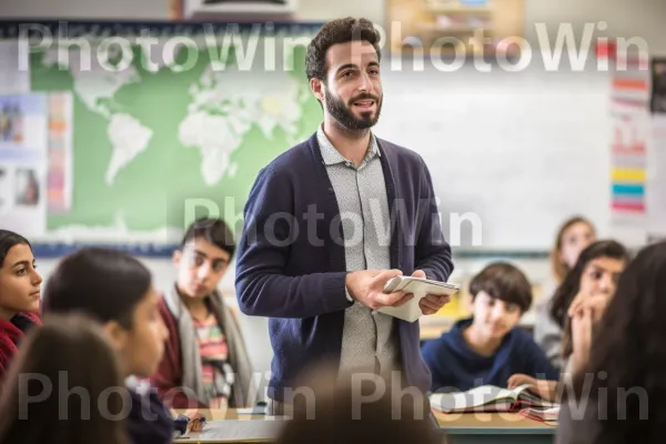 מורה ישראלי מחויב המעסיק את התלמידים בשיעור שובה לב. חוּלצָה, שולחן, מוצר