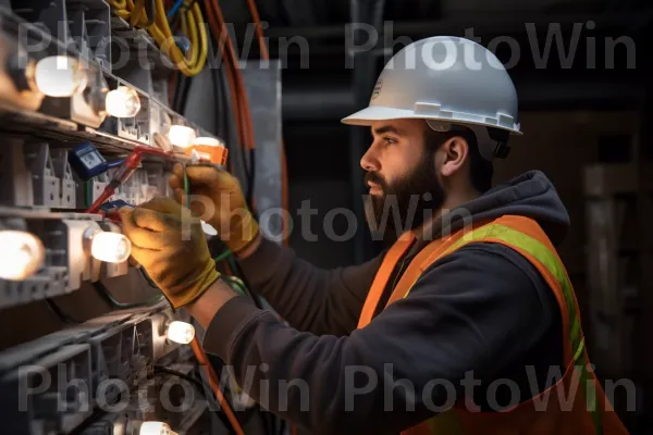 חשמלאי ישראלי המתקין גופי תאורה במיומנות. בגדי עבודה, סוֹחֵר, קבלן חשמל