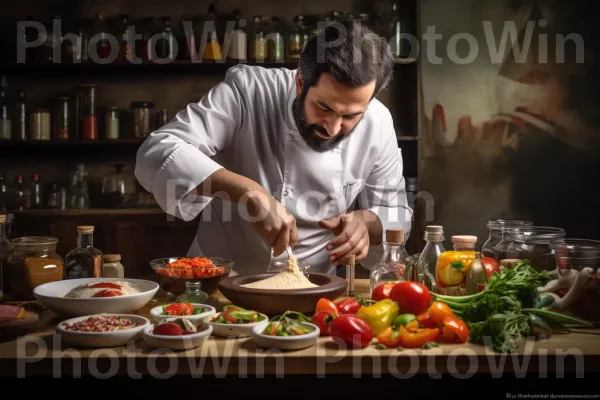 שף ישראלי נלהב בציפוי קפדני של מנת גורמה טעימה. מזון, מִטְבָּח, שֶׁף