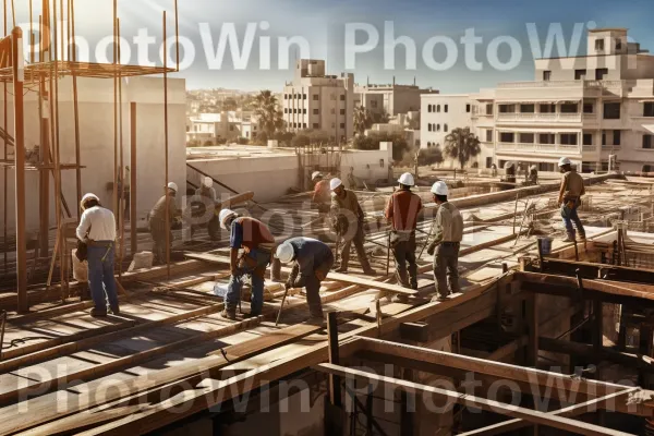 צוות בנייה ישראלי, מאוחד וממוקד במצוינות בבנייה. עץ, כובע קשה, חומר מרוכב