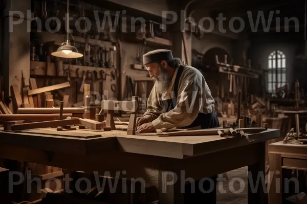 נגר ישראלי מיומן היוצר בקפידה רהיט בהזמנה אישית. חַלוֹן, שולחן, כובע