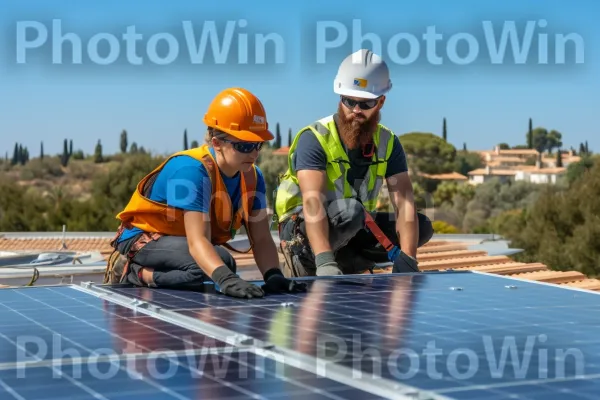 צמד ישראלי מתקין פאנלים סולאריים במומחיות על גג. כְּחוֹל, צמח, מִדרוֹן