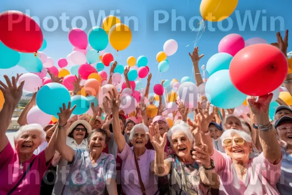 בלונים תוססים וצחוק ממלאים את האוויר ביום השנה של אבן דרך. מוצר, שָׁמַיִם, שַׂמֵחַ