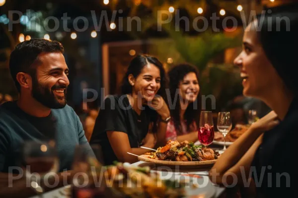 צחוק גלוי וזיכרונות משותפים באירוע צמוד. חיוך, כלי שולחן, כוס יין