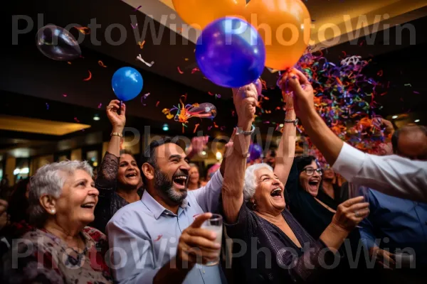 אורחים שופעים וקישוטים בהירים הופכים את אווירת המסיבה המושלמת. חיוך, סָגוֹל, צהוב