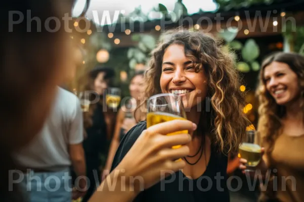 חברים מריעים ומשרים כוסית לחגיגת יום הולדת בלתי נשכחת. חיוך, בירה, צהוב