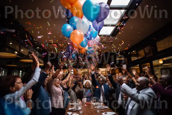 חדר מלא אורחים צוהלים החוגגים מפעל חיים משמעותי. הַלבָּשָׁה, חוּלצָה, תְאוּרָה