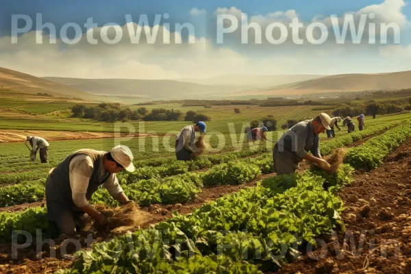 חקלאים ישראלים מתמידים מטפלים ביבול השופע שלהם בשדות. ענן, שָׁמַיִם, אנשים בטבע