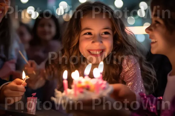 ילדת יום הולדת חייכנית מכבה נרות על עוגה טעימה מוקפת באנשים אהובים. חיוך, נר, אֵיבָר