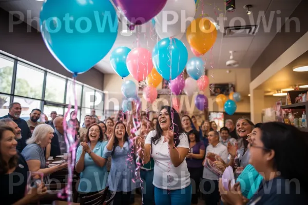 פרצופים שמחים וצחוק ממלאים את החדר כשהאורחים חוגגים ציון דרך חשוב. תַצלוּם, בַּלוֹן, כֵּיף