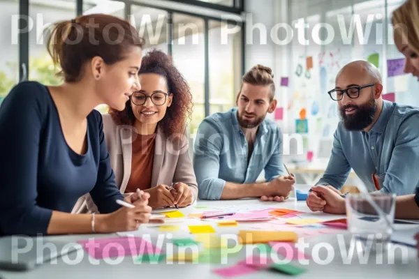 צוות שיווק ישראלי מגוון מגיש סיעור מוחות על רעיונות לקמפיינים יצירתיים. משקפיים, שולחן, פתק פוסט-איט