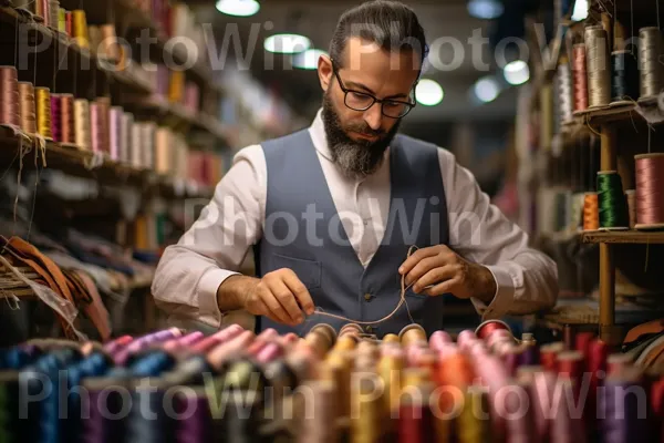 חייט ישראלי בעל אוריינטציה של פרטים תופר בגד ללא רבב. תַצלוּם, מוצר, אופנה