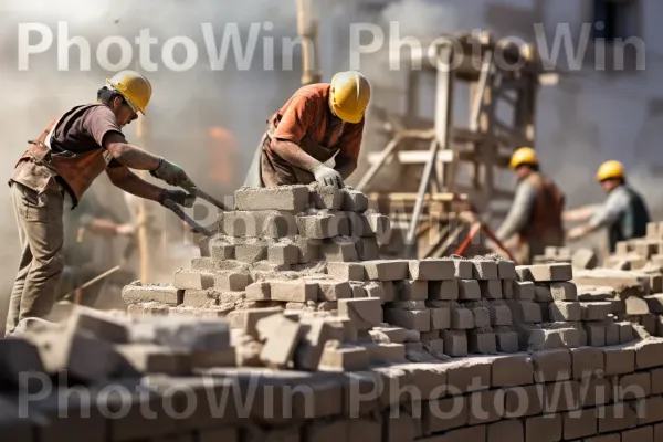 צוות מסור של פועלי בניין ישראלים הנחת לבנים במומחיות. כובע קשה, בגדי עבודה, סוֹחֵר