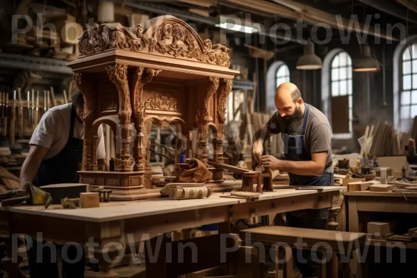 צוות אומנים ישראלים מיומנים המבצעים רהיטי עץ בקפידה. שולחן, עץ, אָמָן