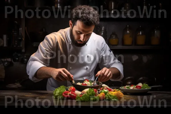 שף ישראלי מוכשר שמציף במיומנות ארוחה מעוררת תיאבון. צילום פלאש, מתכון, מזונות טבעיים