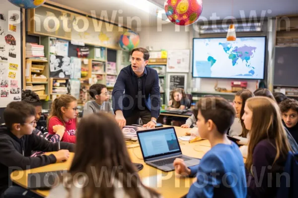 מורה ישראלי מיומן המעסיק את התלמידים בסביבת כיתה דינמית. מחשב אישי, מחשב נייד, מוצר