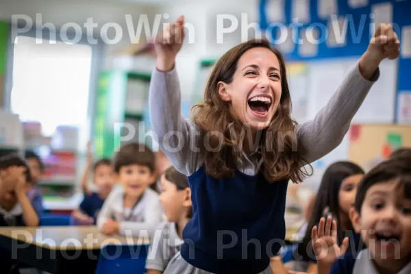 מורה מסורה המנחה תלמידים ישראלים להוטים בכיתה. חיוך, שַׂמֵחַ, פְּנַאִי