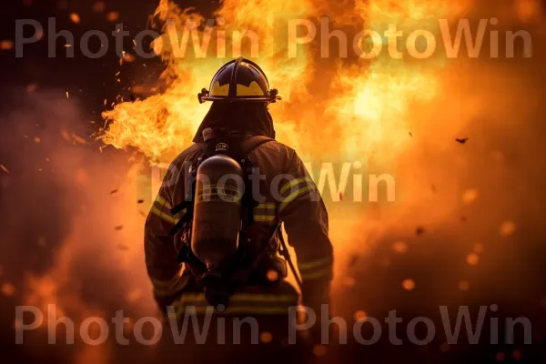 כבאי מסור ללא מורא מכבה שריפה בוערת. קַסדָה, אֵשׁ, חוֹם