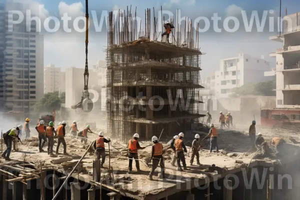 צוות פועלי בניין ישראלים בונה בשקדנות תשתית איתנה. שָׁמַיִם, בלוק מגדל, קוֹנדוֹמִינִיוֹן