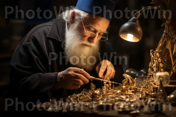 תכשיטן ישראלי ממוקד היוצר בעדינות תכשיטים מורכבים. זָקָן, שיער פנים, שפם