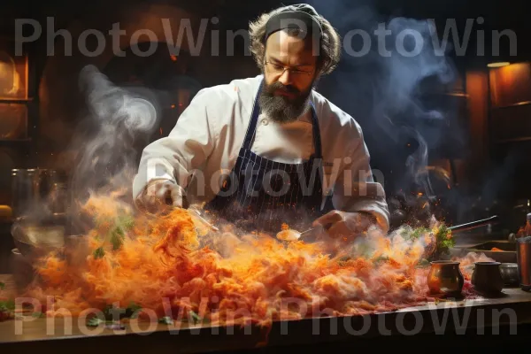 שף מוכשר מכין במיומנות מנת גורמה מעוררת תיאבון. מזון, צַלַחַת, גַז