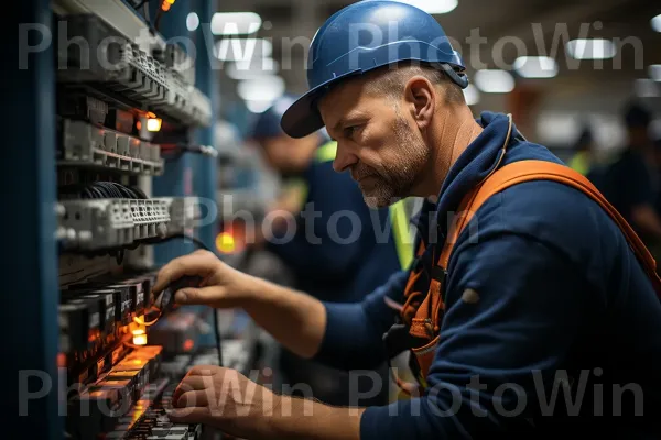 חשמלאי מוכשר החוט במיומנות מעגל מורכב בבניין חדש. מהנדס ערבוב, חַשׁמַלַאי, גַז