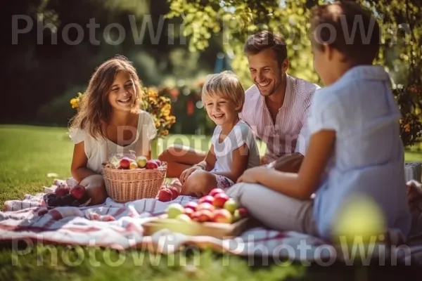 פיקניק משפחתי מחמם לב בחצר הבית. צמח, הבעת פנים, אנשים בטבע