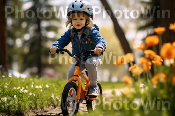 התרגשות כילד לוקח את רכיבת האופניים הראשונה שלו עם גלגלי אימון. אופניים, צמיג, מסגרת אופניים