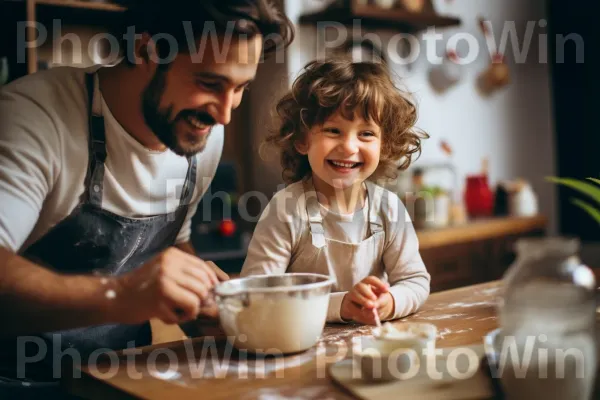 מפגש אפייה משפחתי משמח, יצירת זיכרונות טעימים. חיוך, חוּלצָה, כלי שולחן