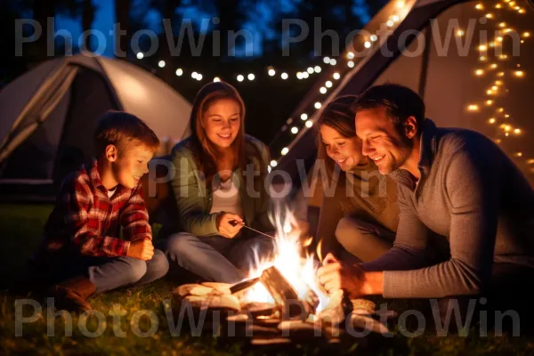 הרפתקת קמפינג בחצר האחורית, צליית מרשמלו מתחת לכוכבים. חיוך, צמח, צילום פלאש