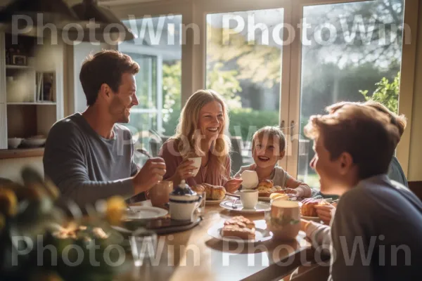 ארוחת בוקר משפחתית אינטימית מלאה בשיחות וחיוכים משותפות. חיוך, מזון, חַלוֹן