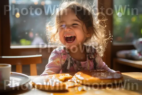 בוקר ראשון נעים עם פנקייקים וצחוקים. חיוך, מזון, חַלוֹן