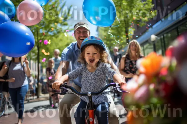 הורים גאים צופים בילדם רוכב על אופניים בפעם הראשונה. כְּחוֹל, צמיג, גַלגַל