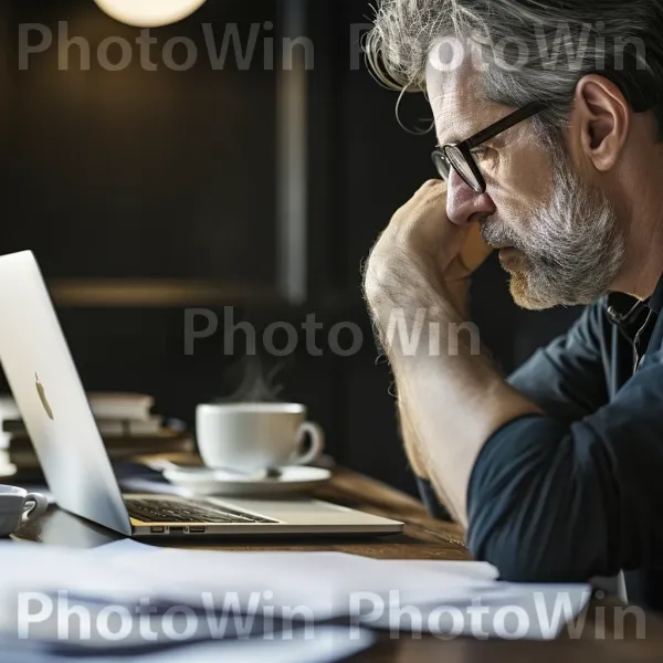 גבר בן 33 שקוע במחשבות בזמן שעבד על מחשב נייד. משקפיים, מַחשֵׁב, כלי שולחן