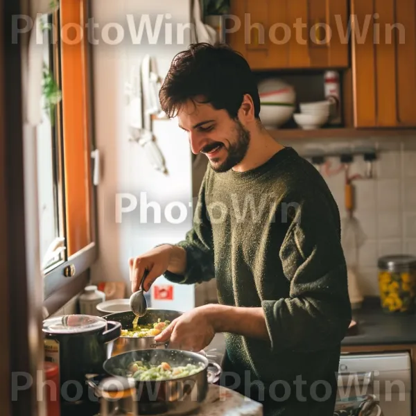 גבר בן 28, מוצא שמחה בבישול ארוחות טעימות לחברים. מזון, ארונות, מִטְבָּח