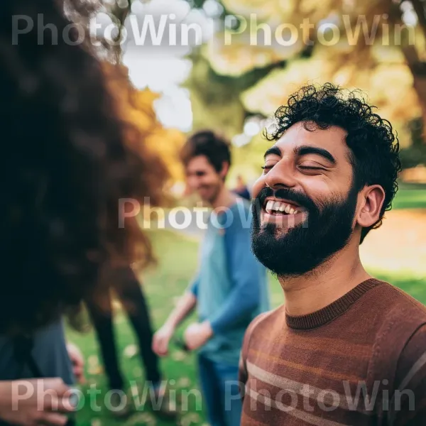 גבר בן 35 אוהב מפגש מלא צחוק עם חברים. אנשים בטבע, זָקָן, מחווה