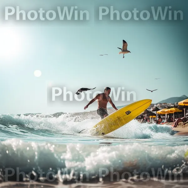 גבר בן 27 בטוח בעצמו חובט גלים בזמן גלישה בחוף הים. שָׁמַיִם, גְלִישָׁה, ציוד ספורט