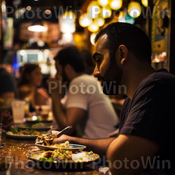 גבר בן 32 מתענג על ארוחה טעימה במסעדה תוססת. מזון, כלי שולחן, צרכן