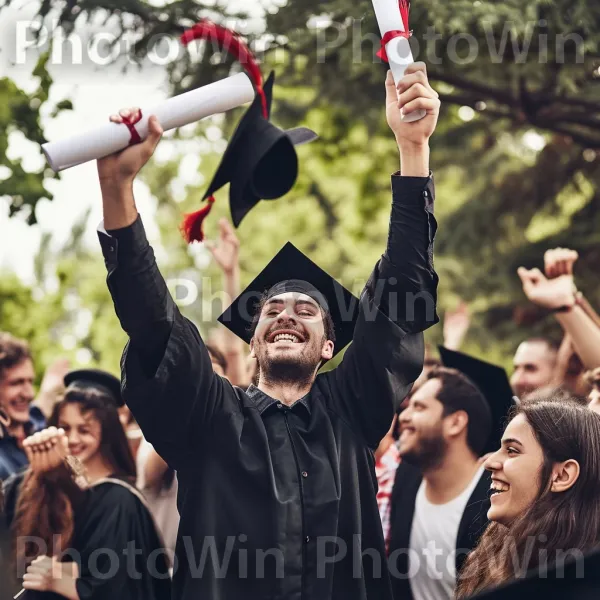 רגע של חגיגה לגבר בן 24 בתום לימודיו באוניברסיטה. יד, מוצר, שַׂמֵחַ