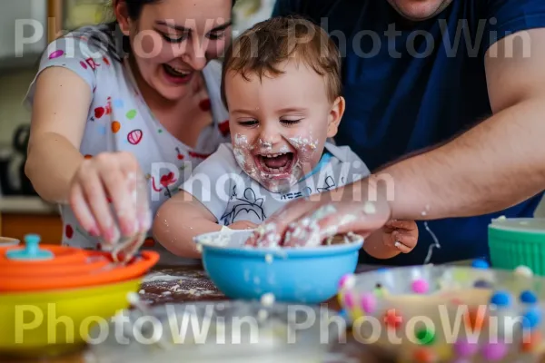 הבלגן המקסים של מפגש אפייה משפחתי, יצירת זיכרונות מתוקים. פָּנִים, כְּחוֹל, כֵּיף