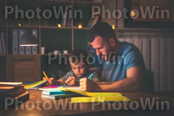 אבא עוזר לילד שלו בשיעורי בית, ומציג את חדוות הלמידה. תְאוּרָה, פְּנַאִי, כֵּיף