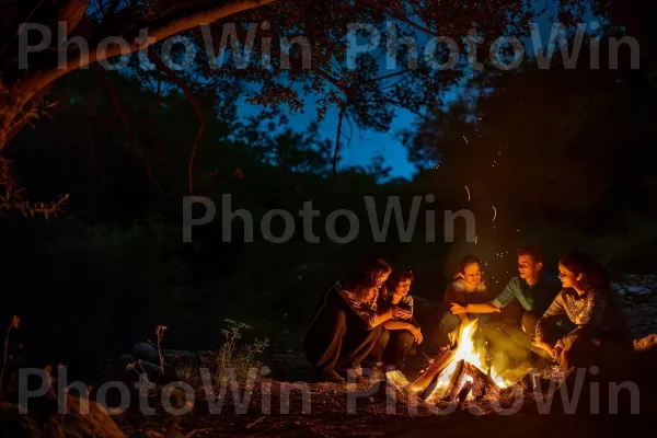 אהבה של משפחה זורחת בבהירות כשהיא מצטופפת מסביב למדורה. צמח, מְדוּרָה, סביבה טבעית