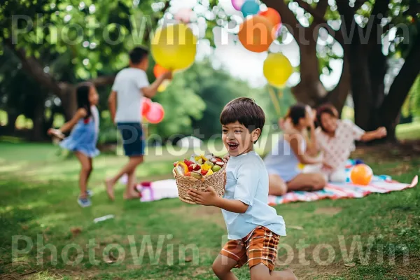 פיקניק משפחתי בפארק, נהנים מזמן איכות משותף. אוֹר, מִכְנָסַיִים קְצָרִים, כתום