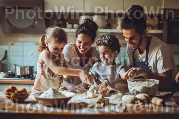 מפגש אפייה משפחתי עם חיוכים מכוסים בקמח. מזון, מתכון, מכשיר למטבח