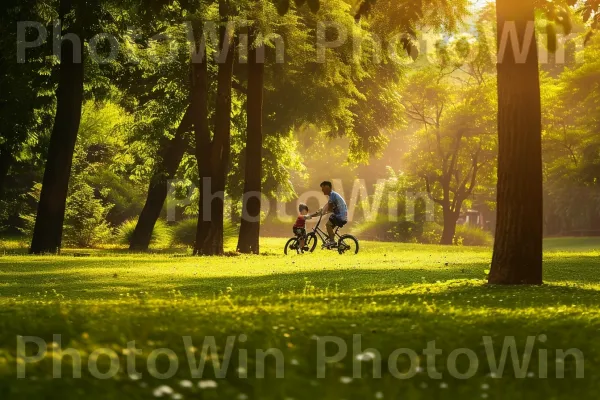 אבא מלמד את הקטן שלו לרכוב על אופניים. אופניים, גַלגַל, ענף